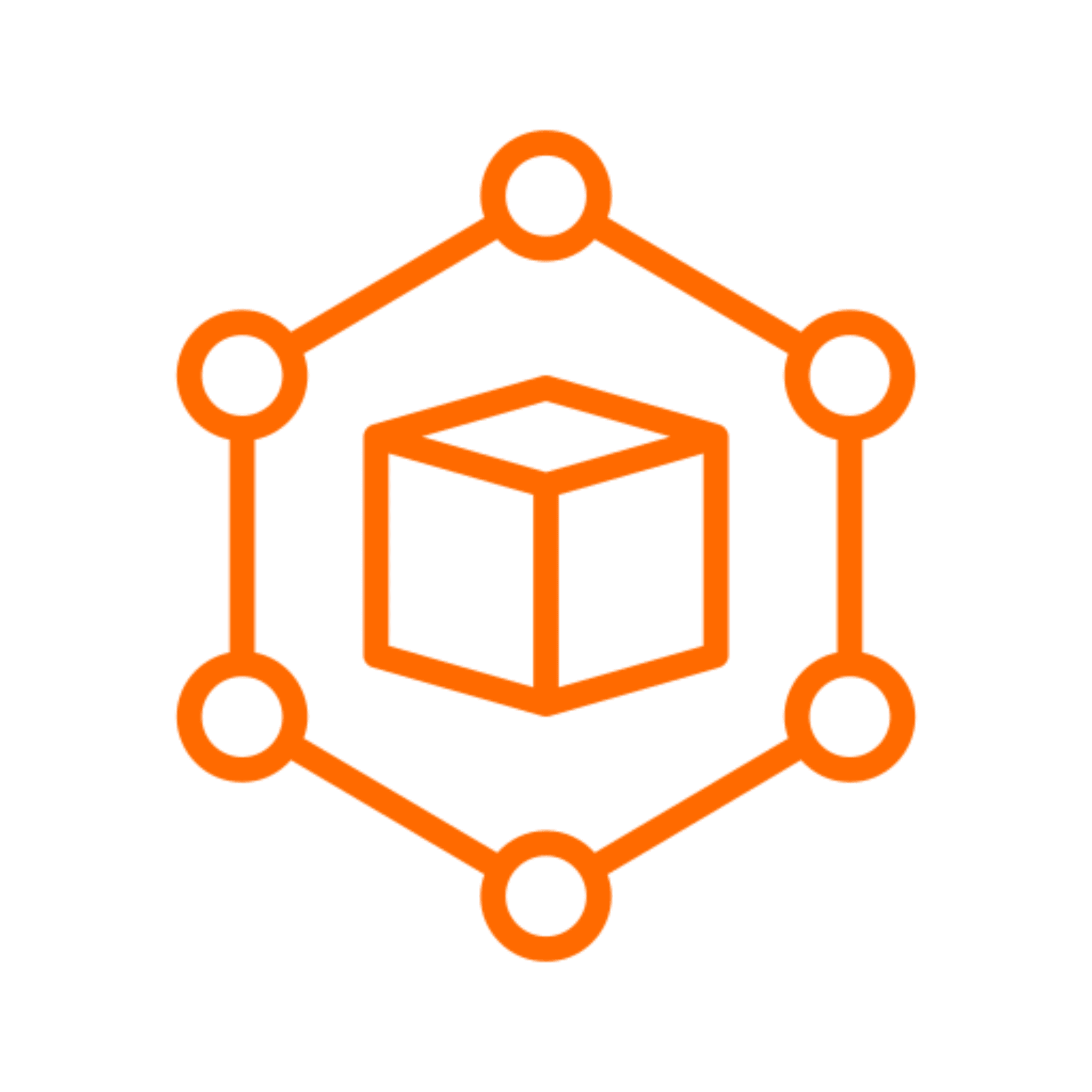 Orange geometric cube with circles on black.