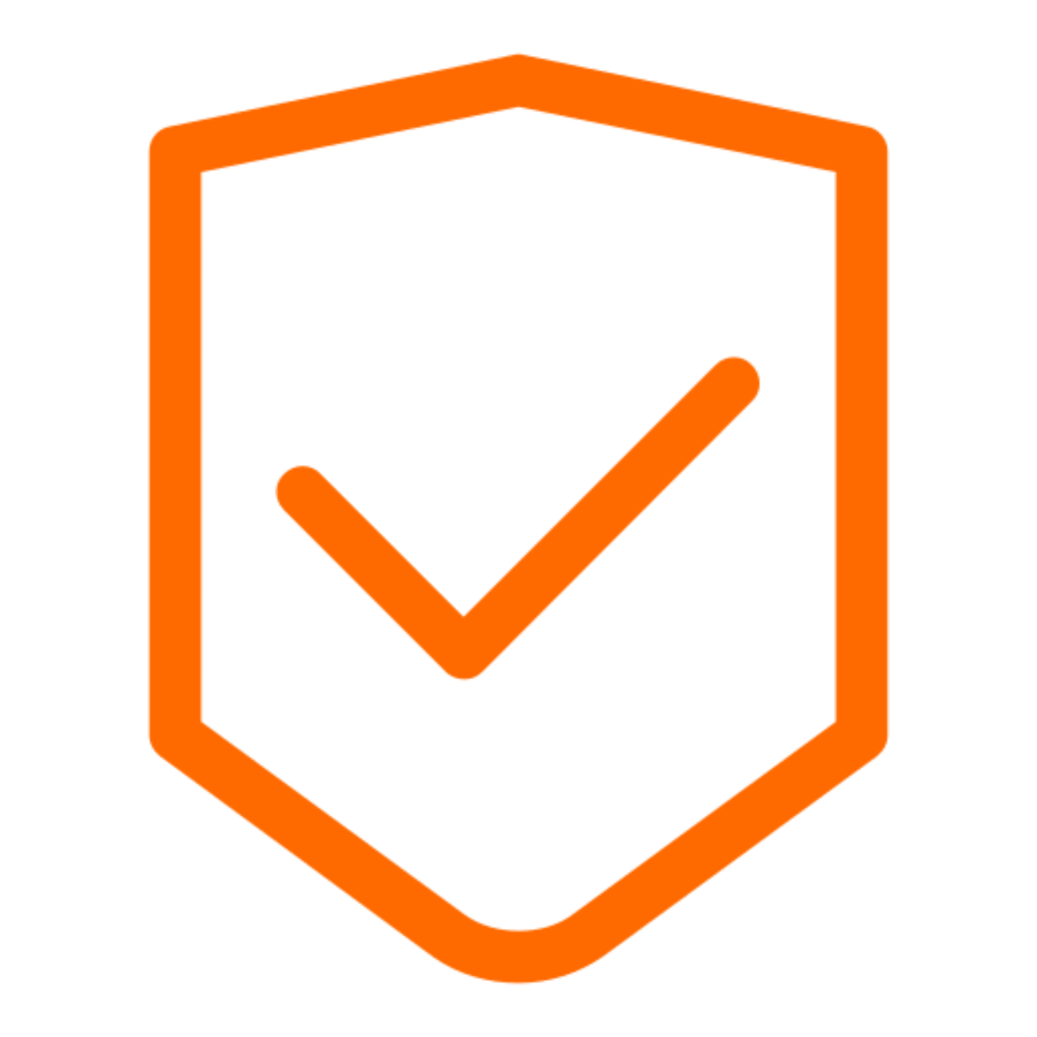 Orange shield icon with check mark.