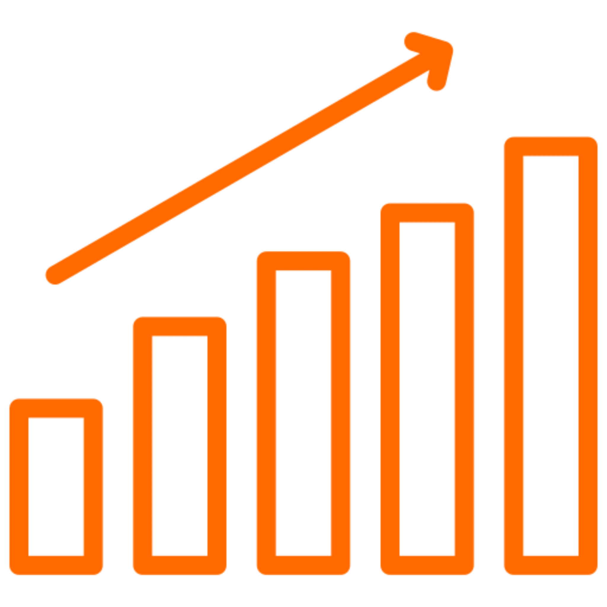 Orange bar graph with upward arrow.