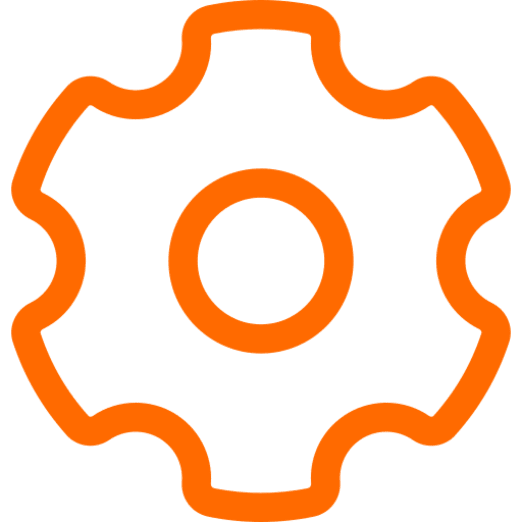 Orange gear icon on black background.