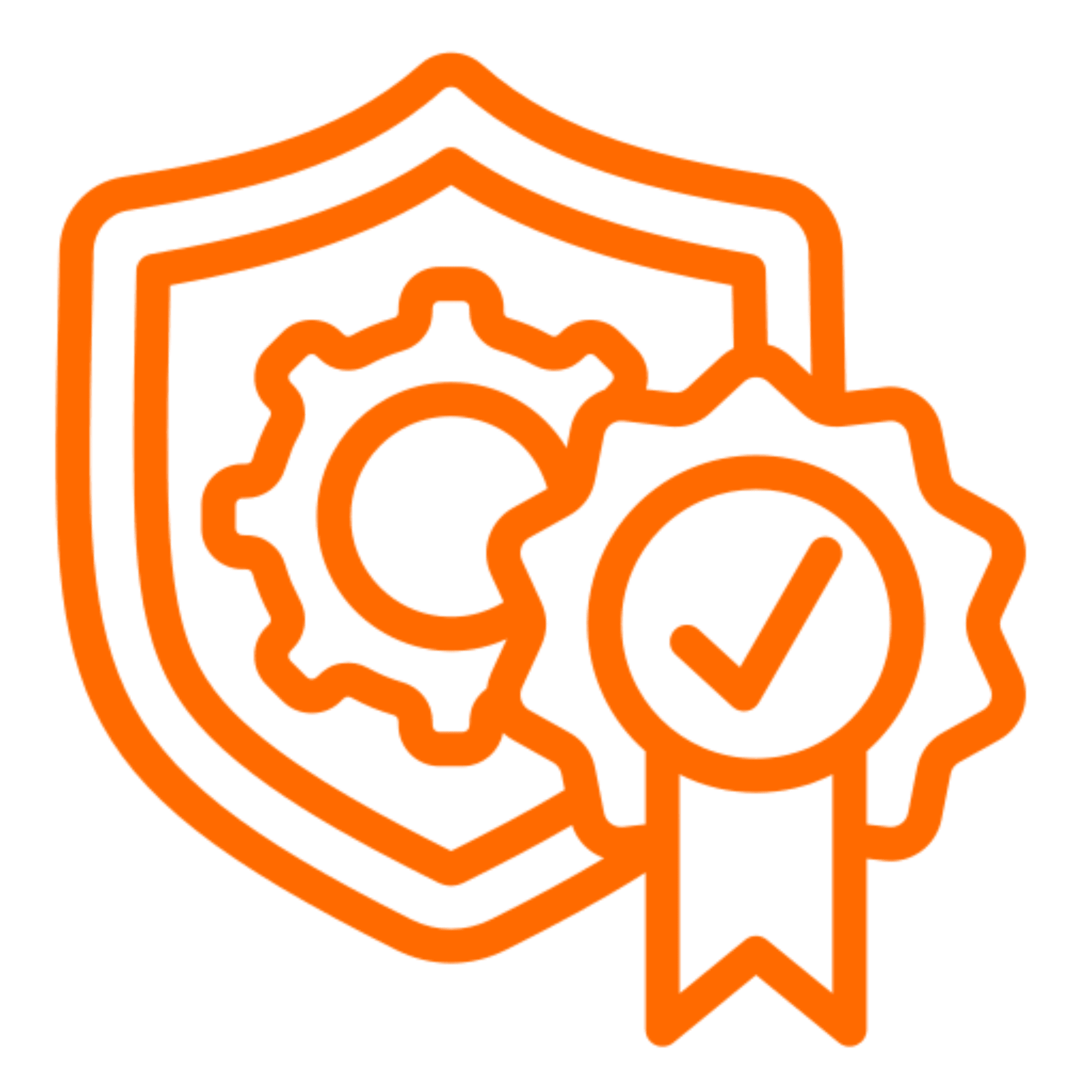 Shield, gear, and badge with checkmark icon.